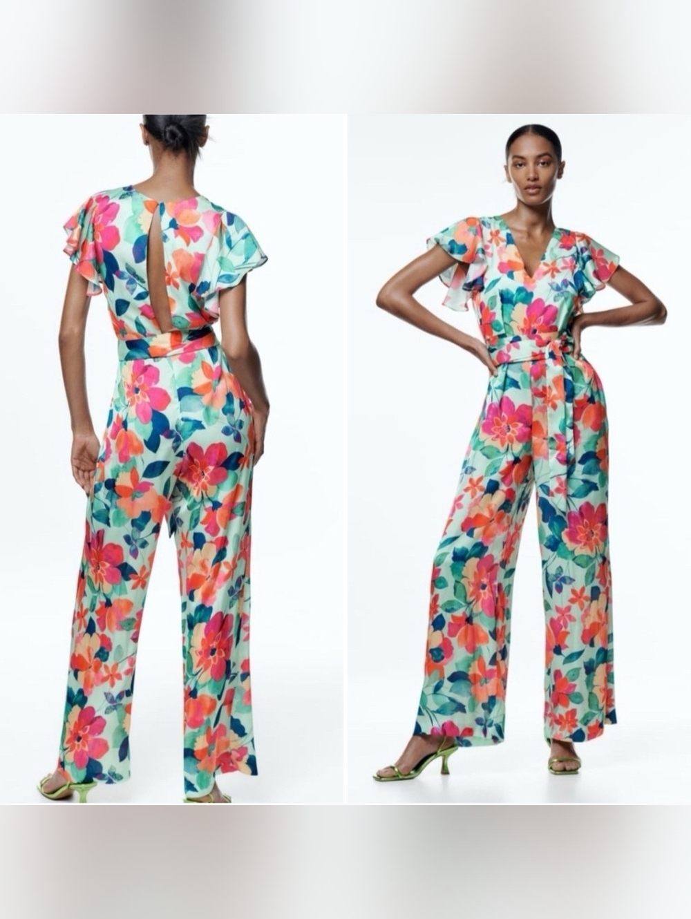Zara Silky Floral V-Neck Wide-Leg Short Flutter Sleeve Jumpsuit Size L - Picture 2 of 12